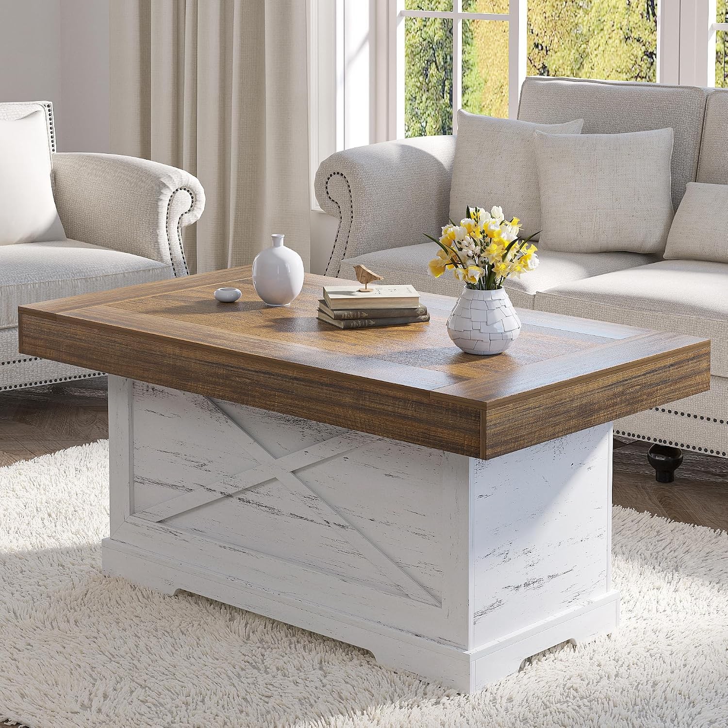 Coffee Table 39 in Rustic Center Table W/ X-Design Wooden Pedestal Living Room