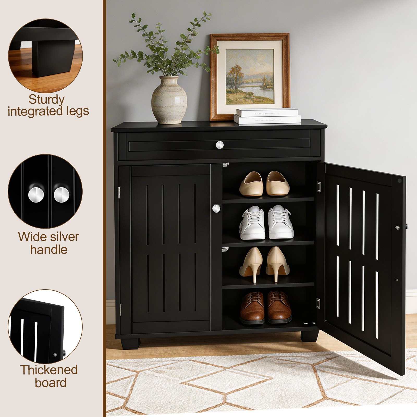 30.7in Shoe Rack Storage Organizer Cabinet Entryway Stand Table w/ Drawer Black
