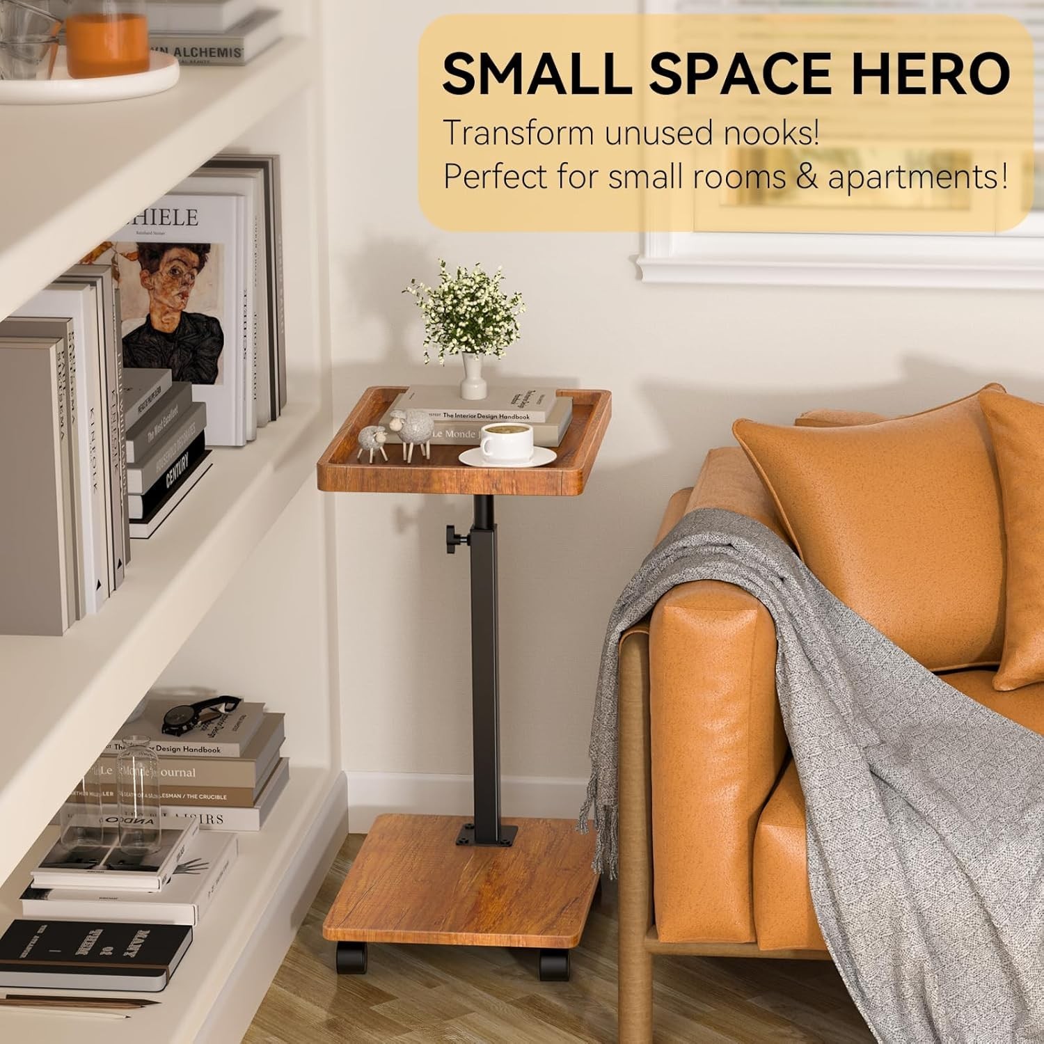 Adjustable Height Swivel C Side Table with Wheels for Sofa Bed Living Room