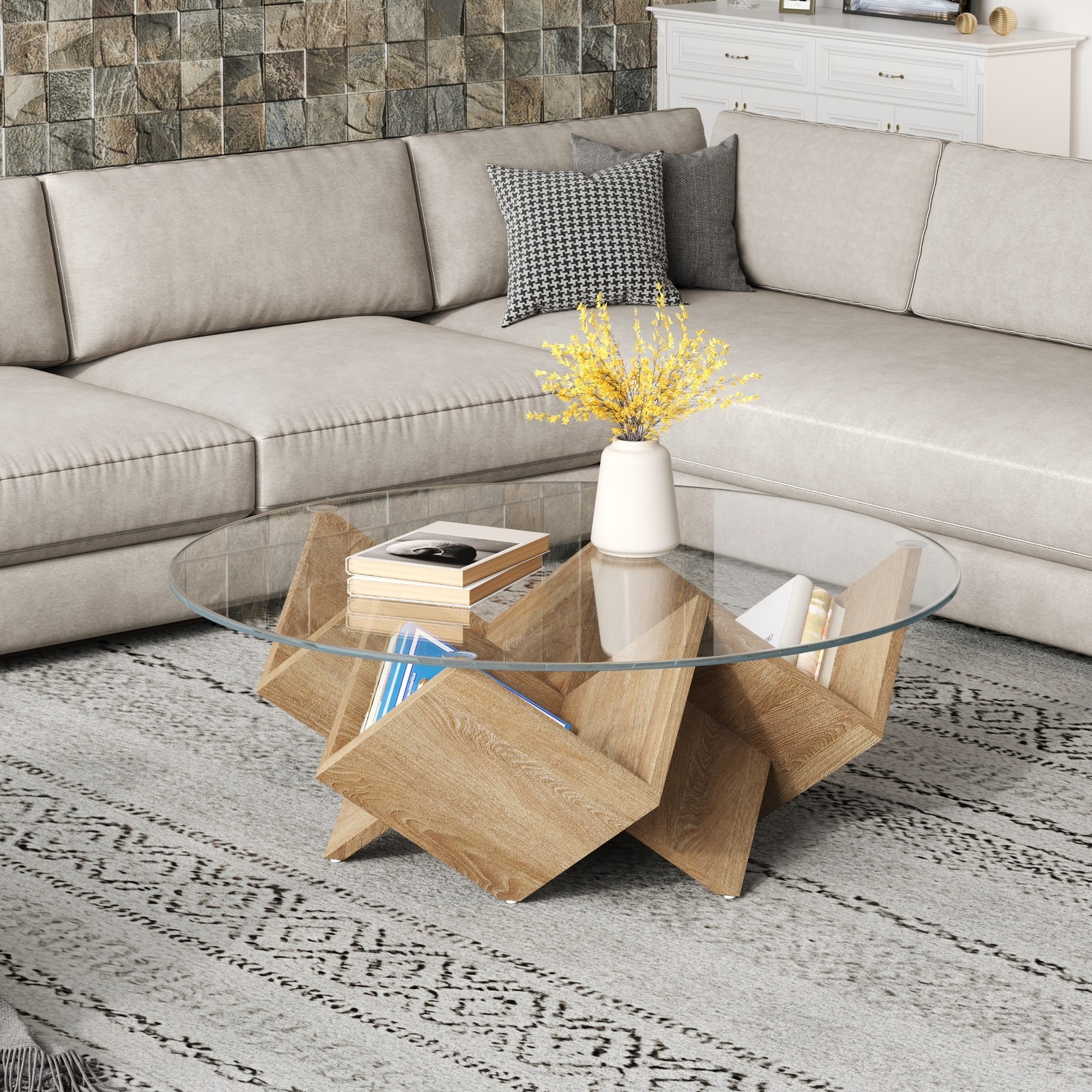 Modern Round Coffee Table with Tempered Glass Top and Geometric Art Deco Storage