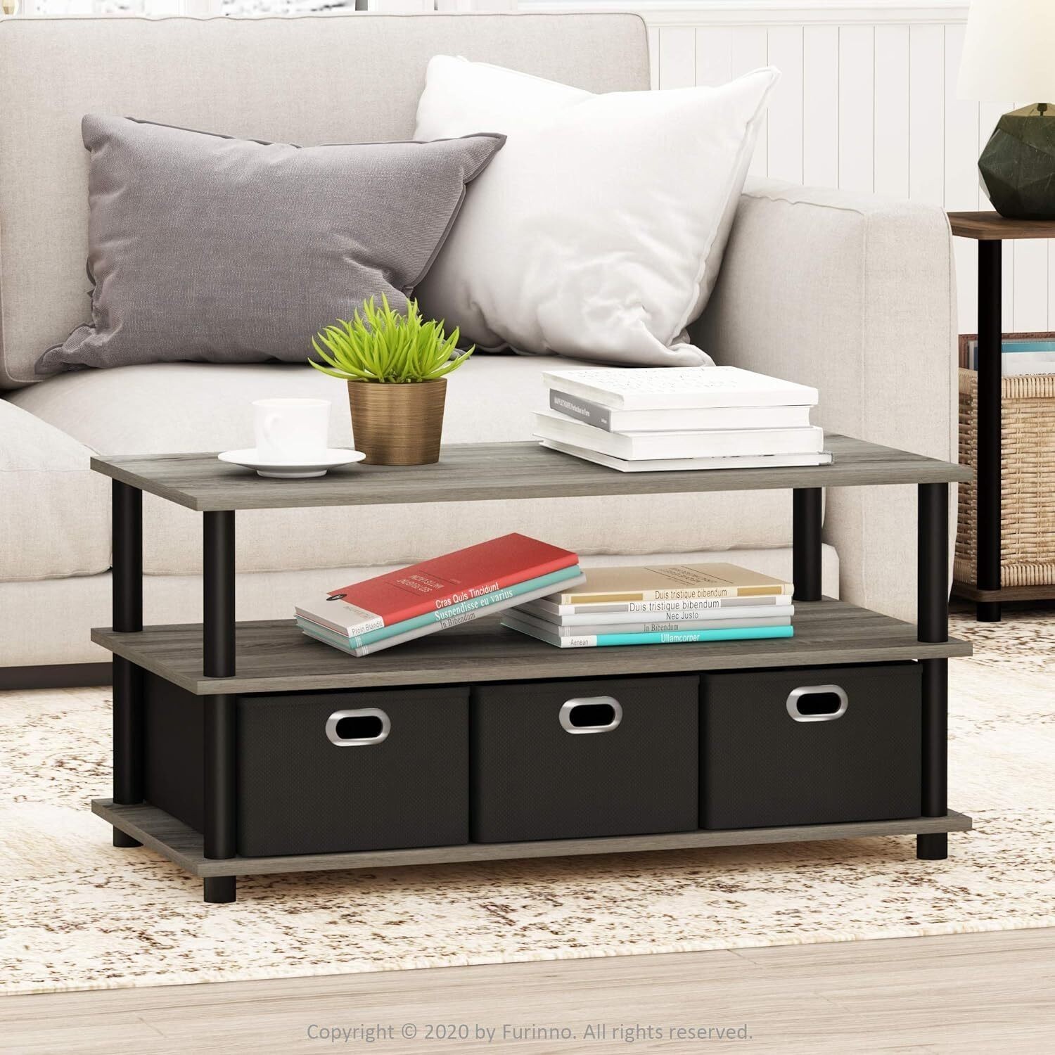 Coffee Table W/ Non Woven Bins Capacity 60 lb 31.22*15.5*15.8 In French Oak Grey