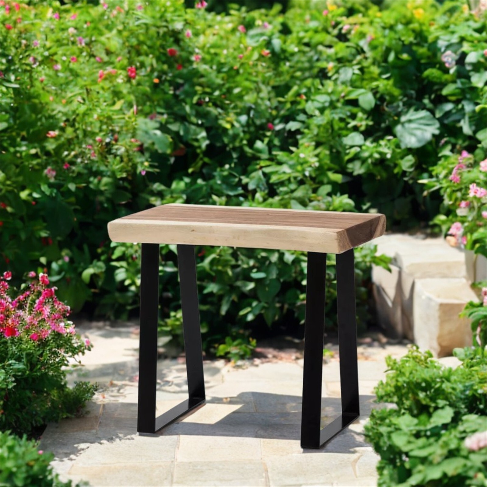 Natural Solid Wood Rectangle Bench Coffee Side Table with Metal Legs Rustic
