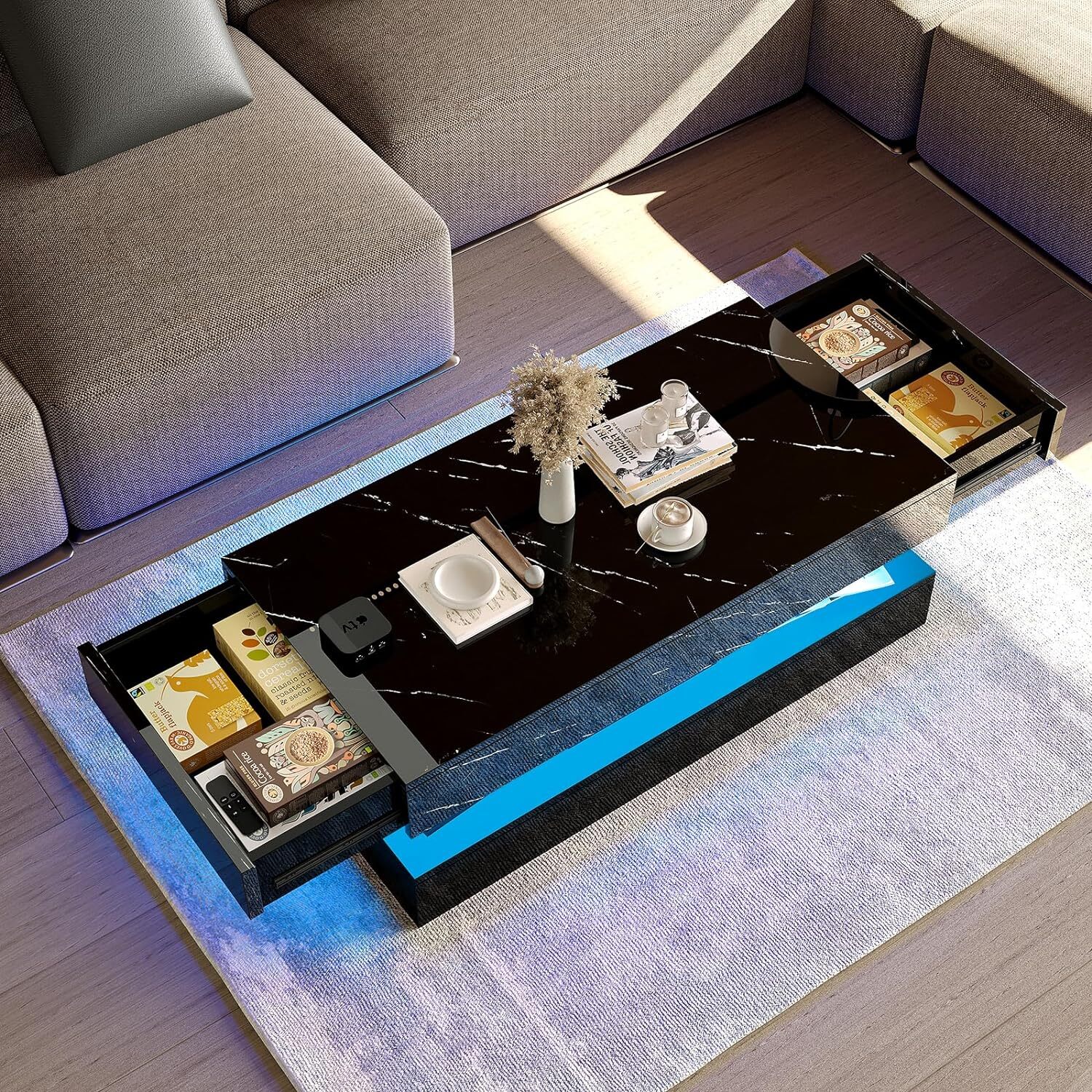47.3″ Modern High Glossy LED Coffee Table with 2 Storage Drawers, APP LED Lights