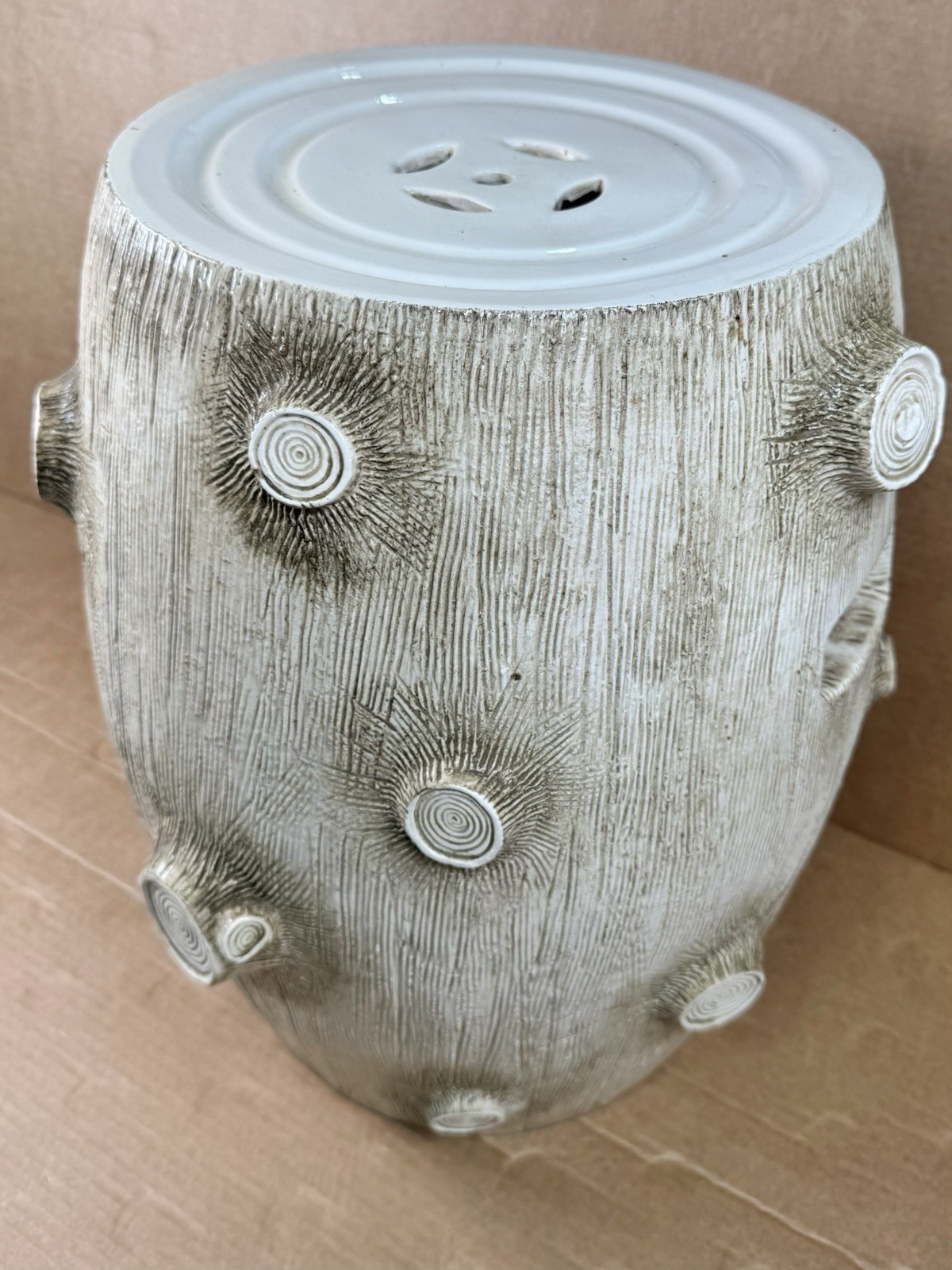 Ceramic Tree Stump Garden Stool Side Table White Textured Rustic Organic Natural