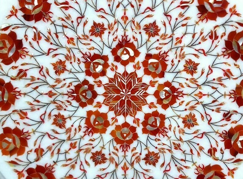 18″ Round Marble Side Table Top semi precious stone Inlay Floral Handmade work