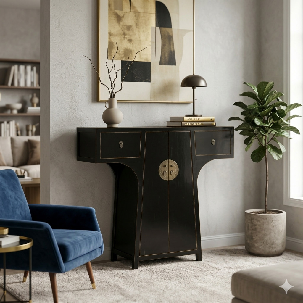 Chinese Moon Face T-Shape Black Lacquer Drawers Side Table Cabinet cs7478