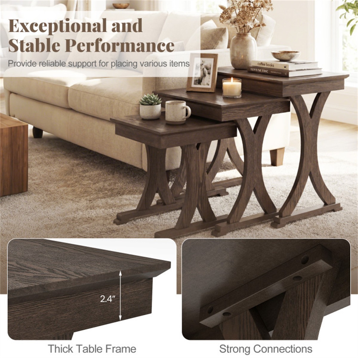 3Piece Nesting Coffee Table Set Space-Saving with Vintage Wood-Like Finish