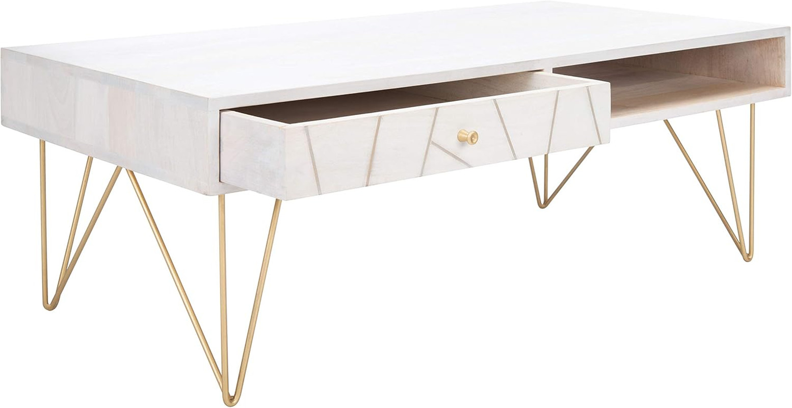 Mid-Century White Wash Coffee Table with Brass Hairpin Legs – Marigold Collectio