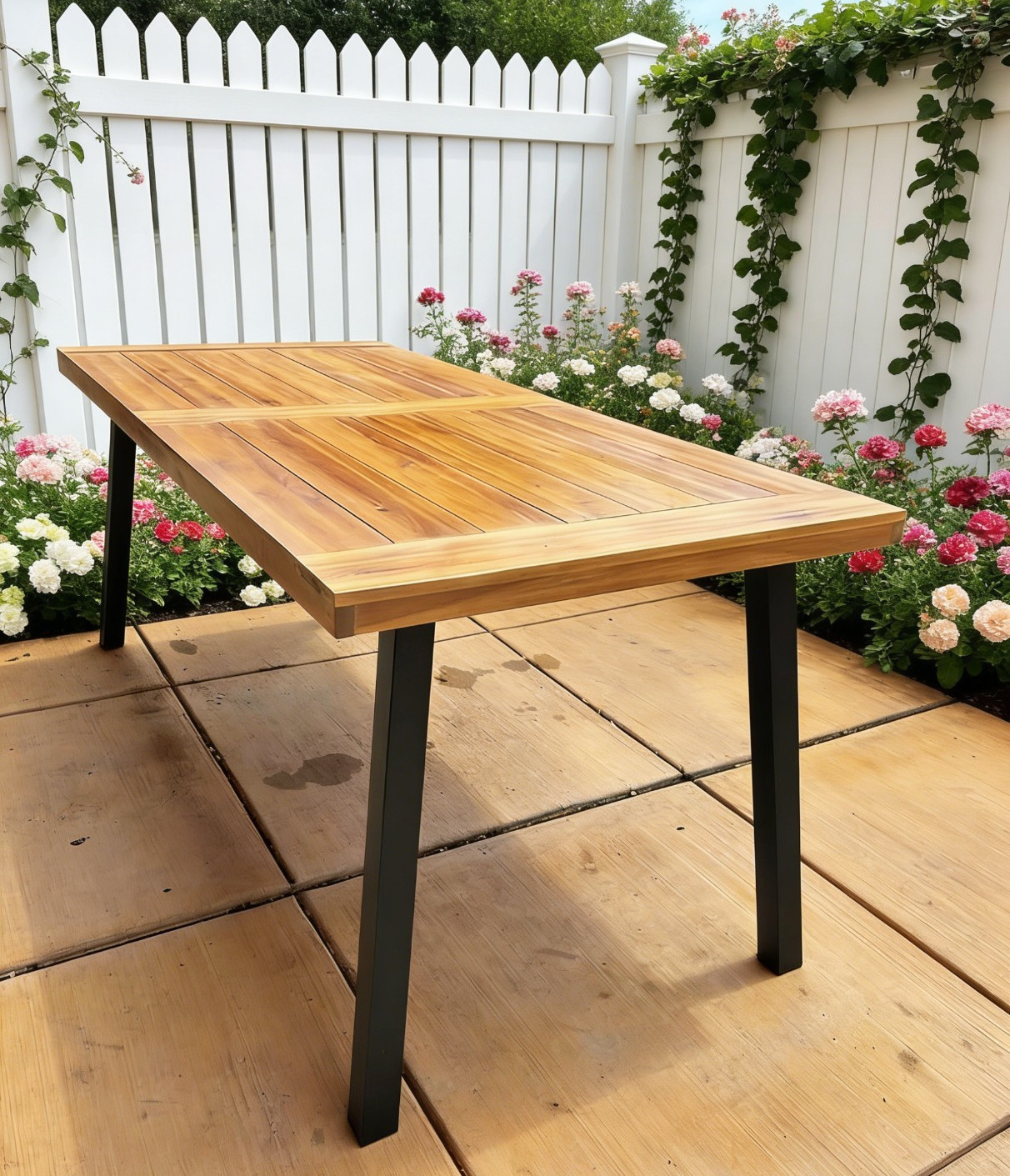 Industrial Solid Wood Top & Metal Legs Dining Table Indoor Outdoor Patio Kitchen