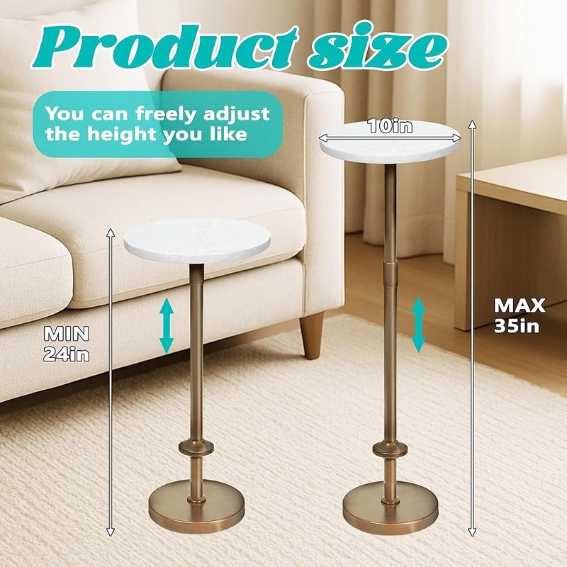 10in Round Marble Accent Table Adjustable Height Pedestal Drinks & Decor New