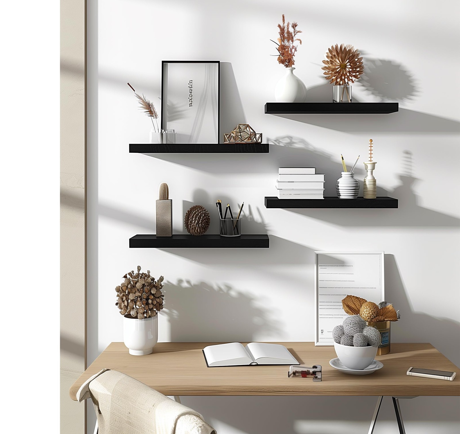 PHPH Wood Floating Shelves for Wall, Wooden Wall 17in, Black