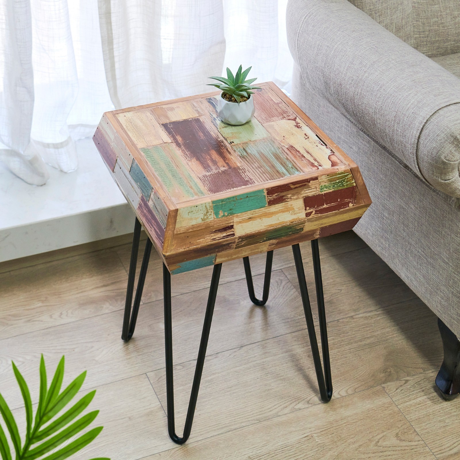 Greenage Side Table Solid Reclaimed Wood Accent Coffee End Table 3D Square