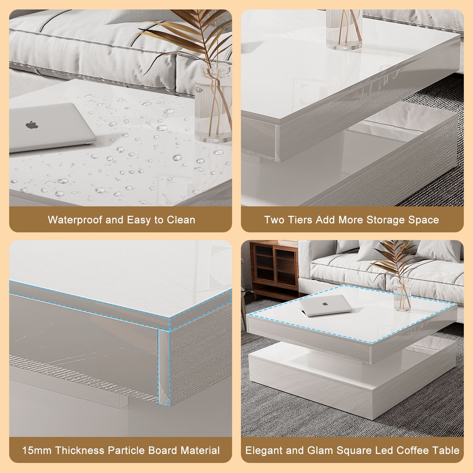Square LED Coffee Table with 16 Colours Lights Modern 2 Tiers Cocktail Table Liv