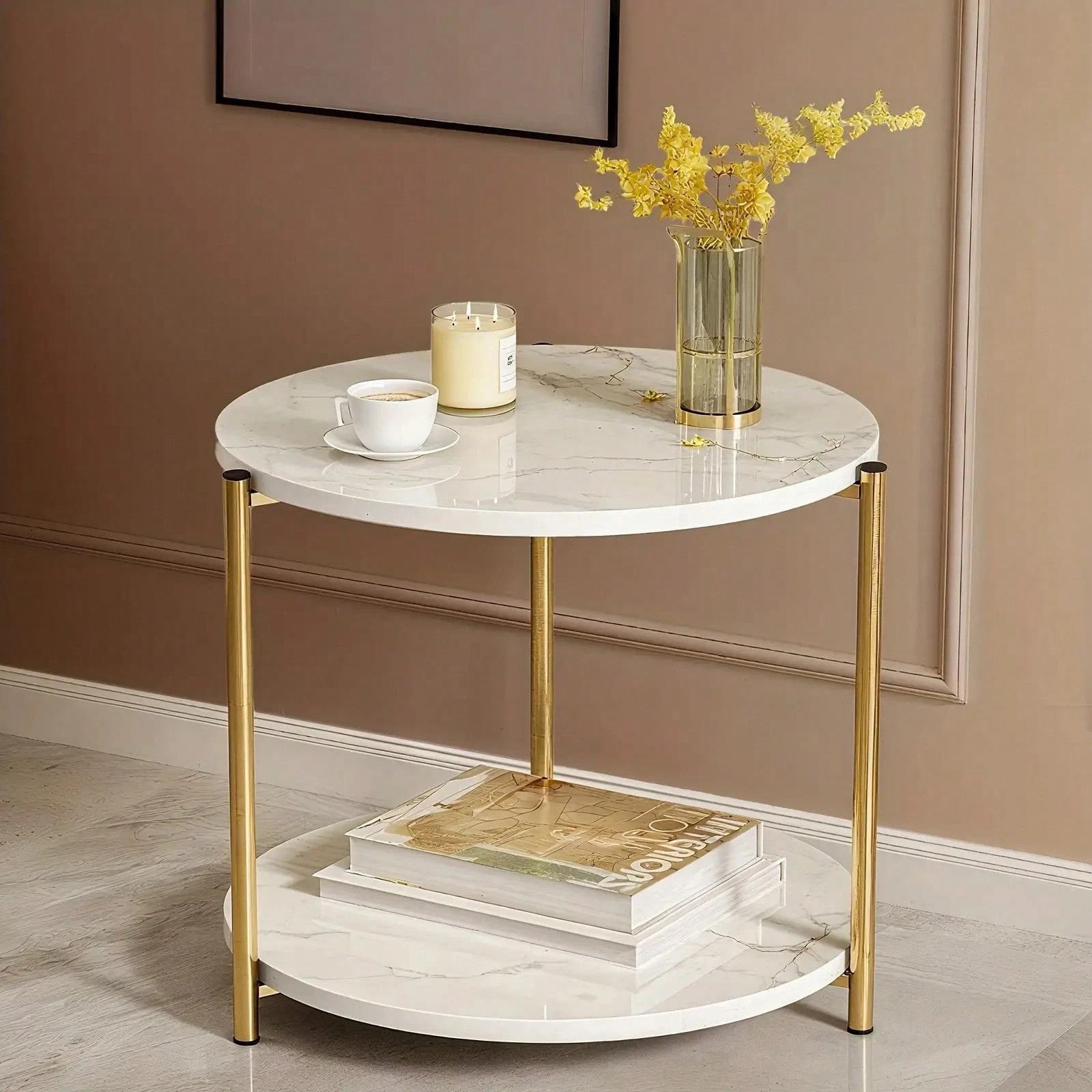 2 Tier Round Side Table Metal Coffee Table Indoor Outdoor Living Room Balcony