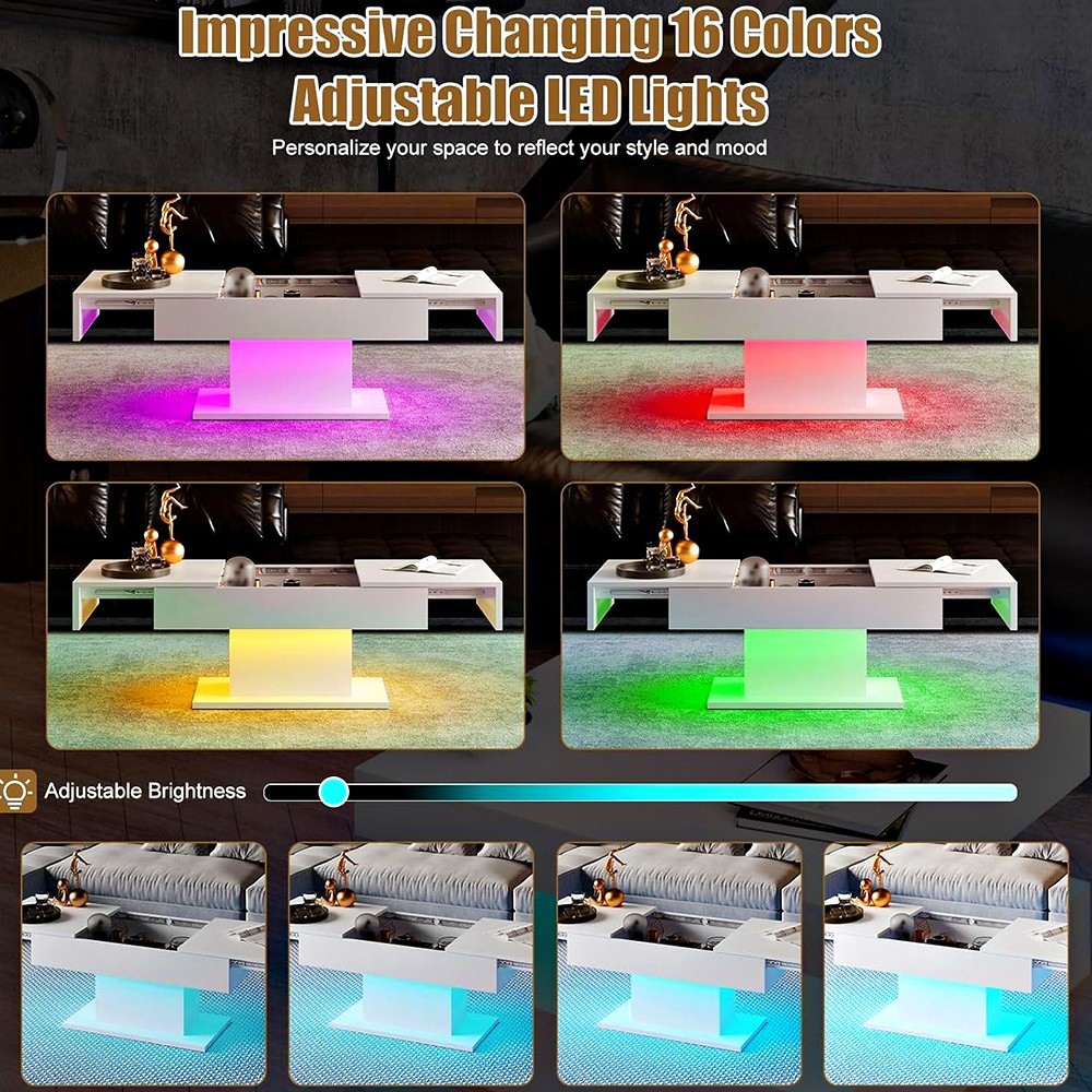 RGB LED MODERN COFFEE TABLE WITH HIDDEN STORAGE 69″ EXTENDABLE SLIDING TOP WHITE