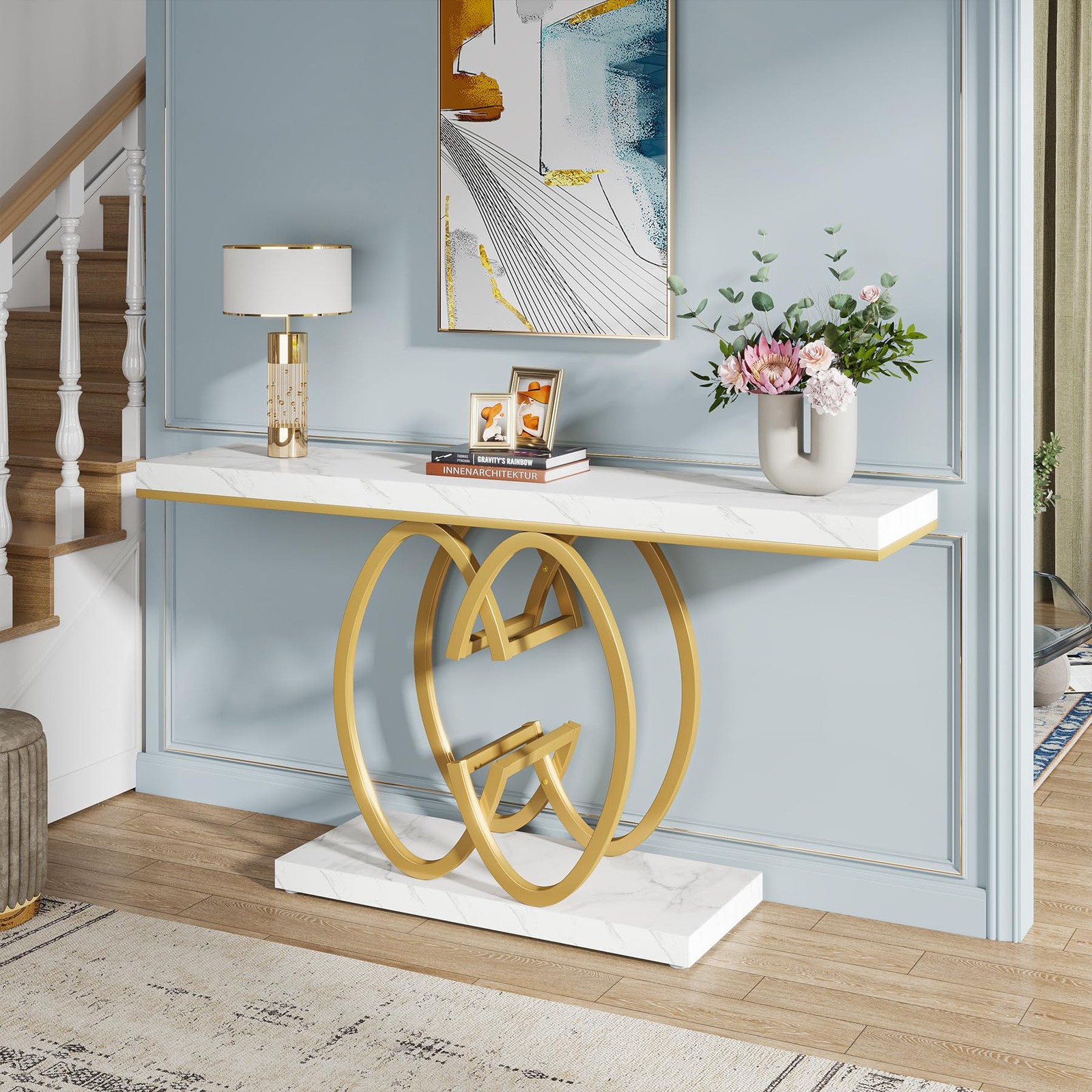 55″ Console Table for Hallway, Faux Marble Gold Entryway Table w/Geometric Metal