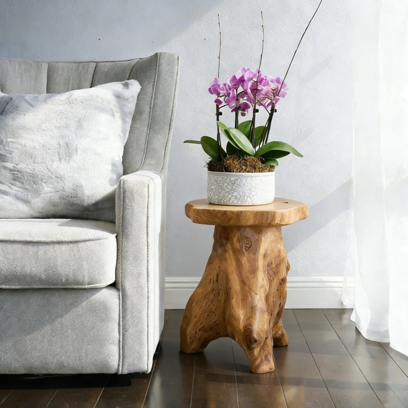 Rustic Cedar Roots Flower Stand Stool, Tree Stump Stool Side Table 19.5″ H