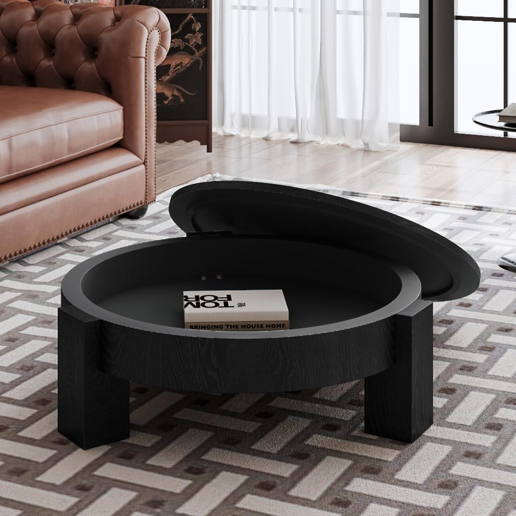 33″ Round Coffee Table with Hidden Storage – Modern Japandi Design in Matte Blac