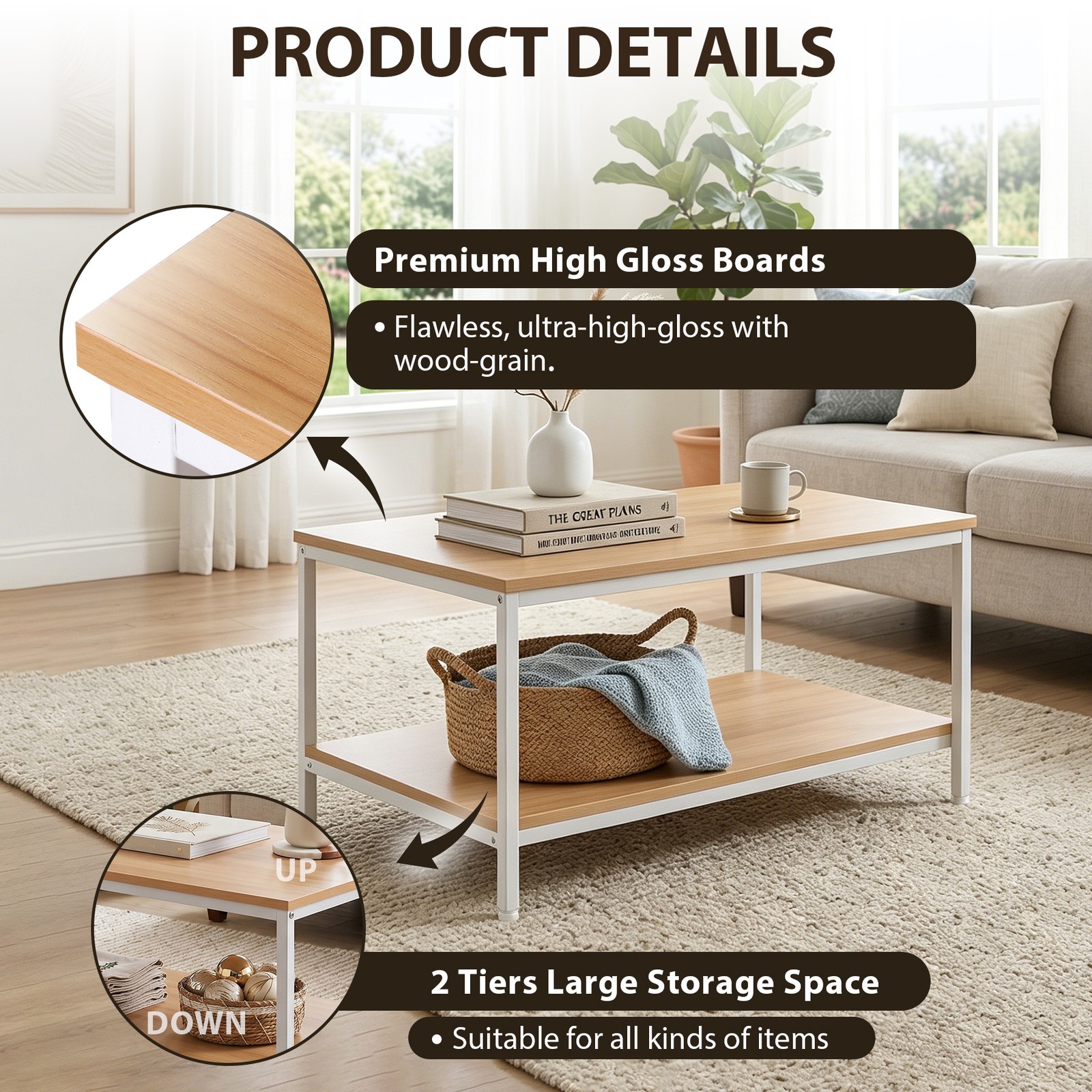31″ Natural Wood Coffee Table Rectangular Coffee Table w/Storage Shelf Durable
