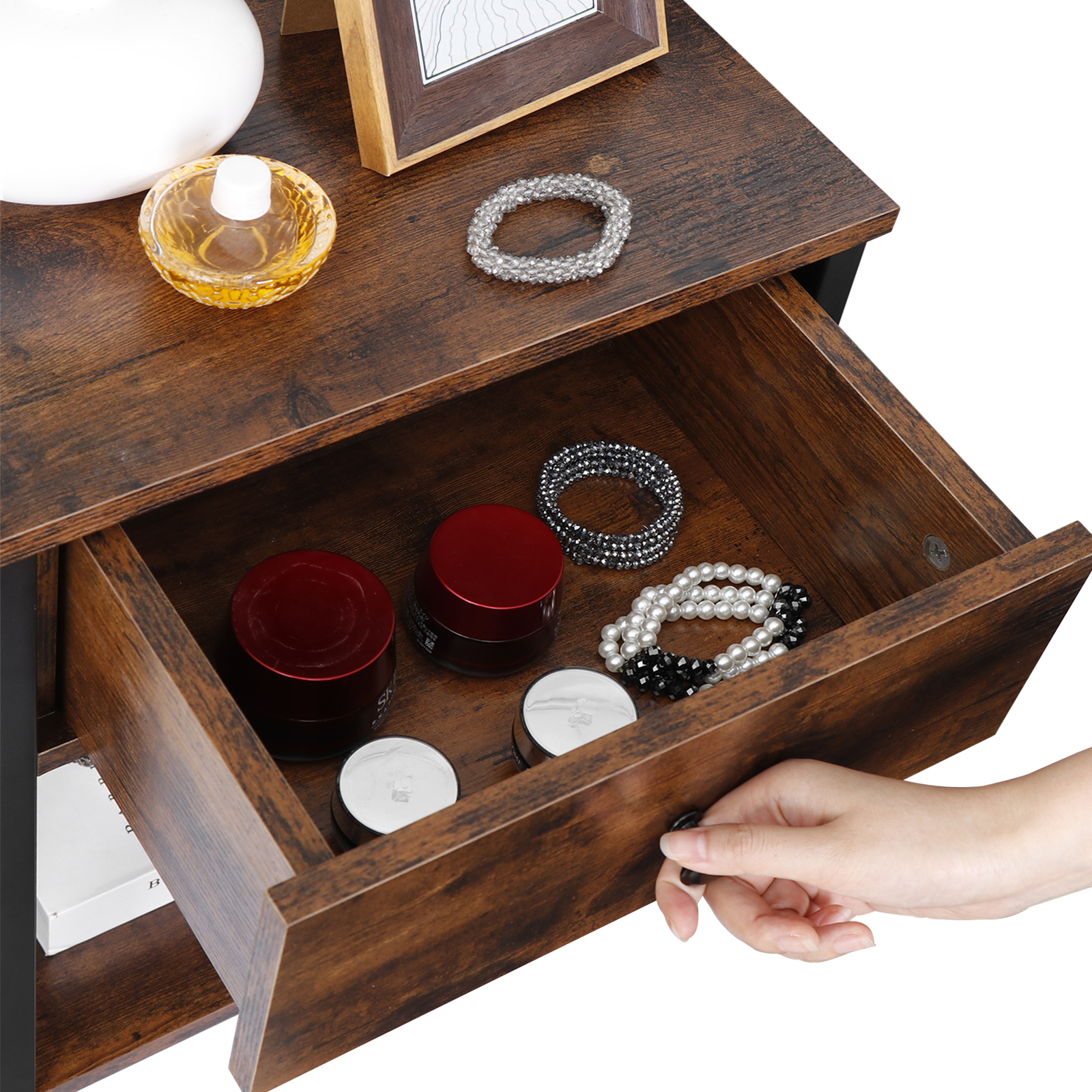 2 Pieces Home End Table Storage Display Metal Frame MDF Top with Drawer, Brown