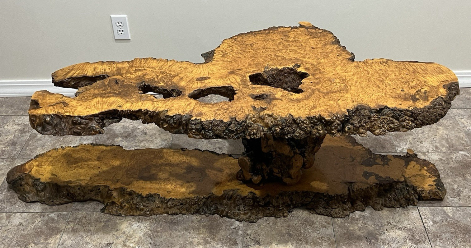 Vintage Yellow Cedar Birdseye Burl Coffee Table 64″ L Live Edge cut Handcrafted