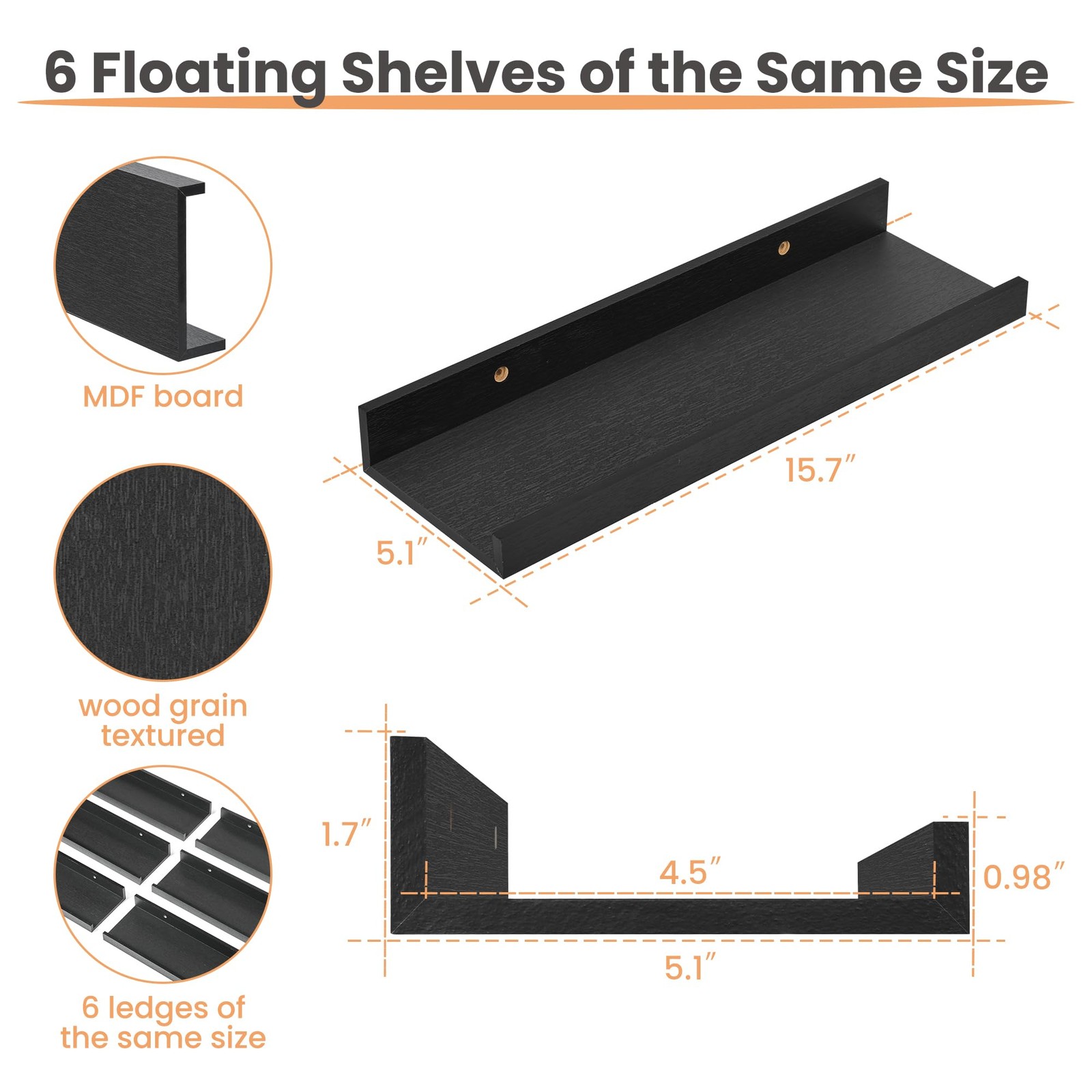 upsimples Floating Shelves for Wall, Wall Decor 15.7in, Black