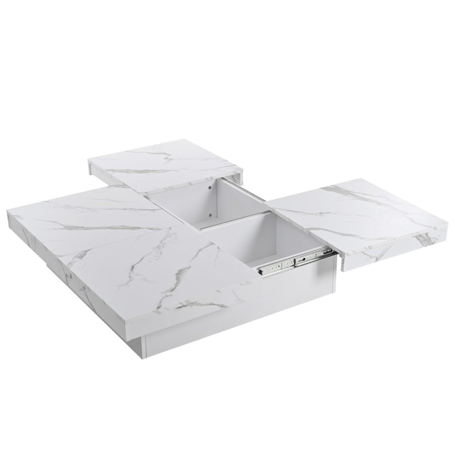 Modern Square Cocktail Coffee Table w/ White Marble Sliding Top & Hidden Storage