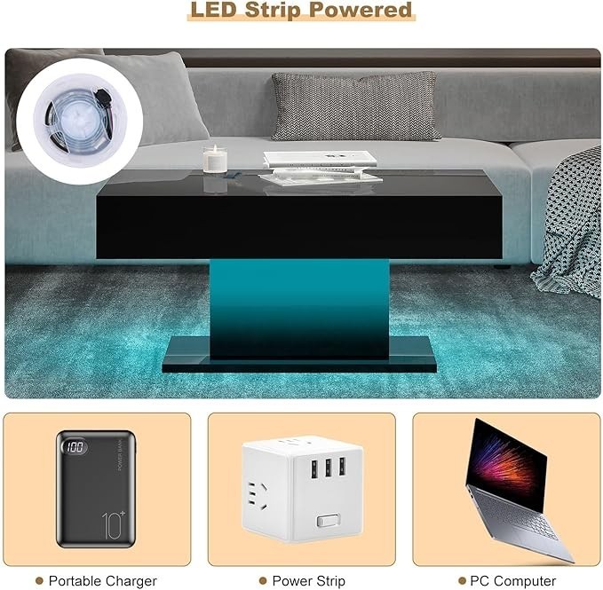 High Glossy Led Coffee Table Living Room Table Rectangular Center Table Black