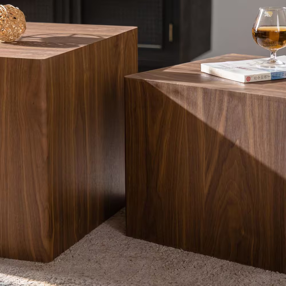Carl 18.90 In. and 15.75 In. Walnut Square MDF Solid Wood Modern Coffee Table wi