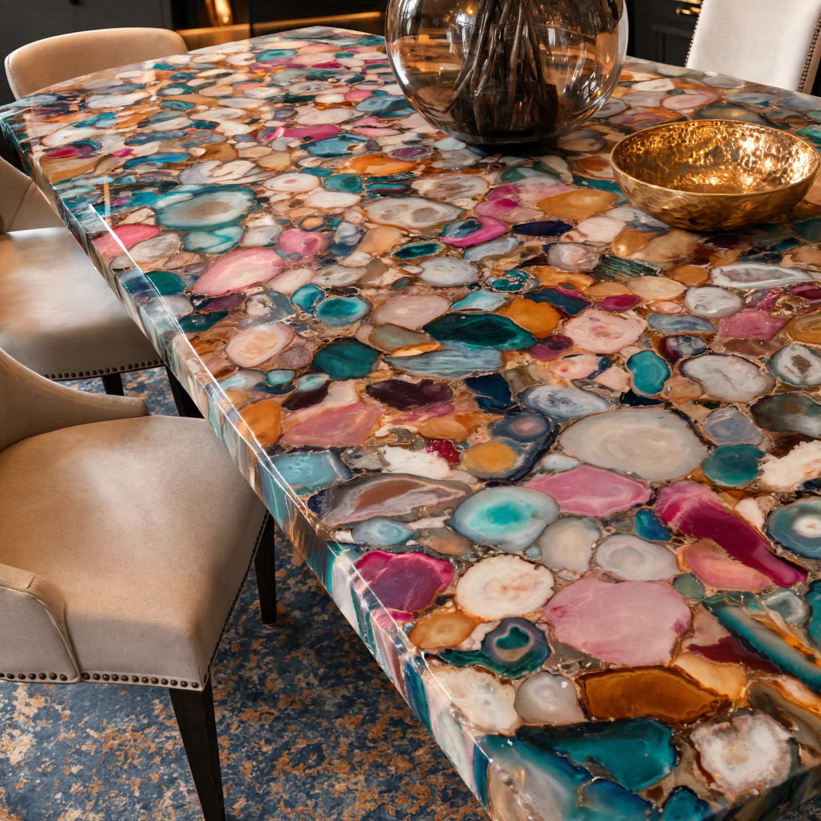 Multi Color Agate Coffee Table | Natural Stone Rectangle Cocktail Table