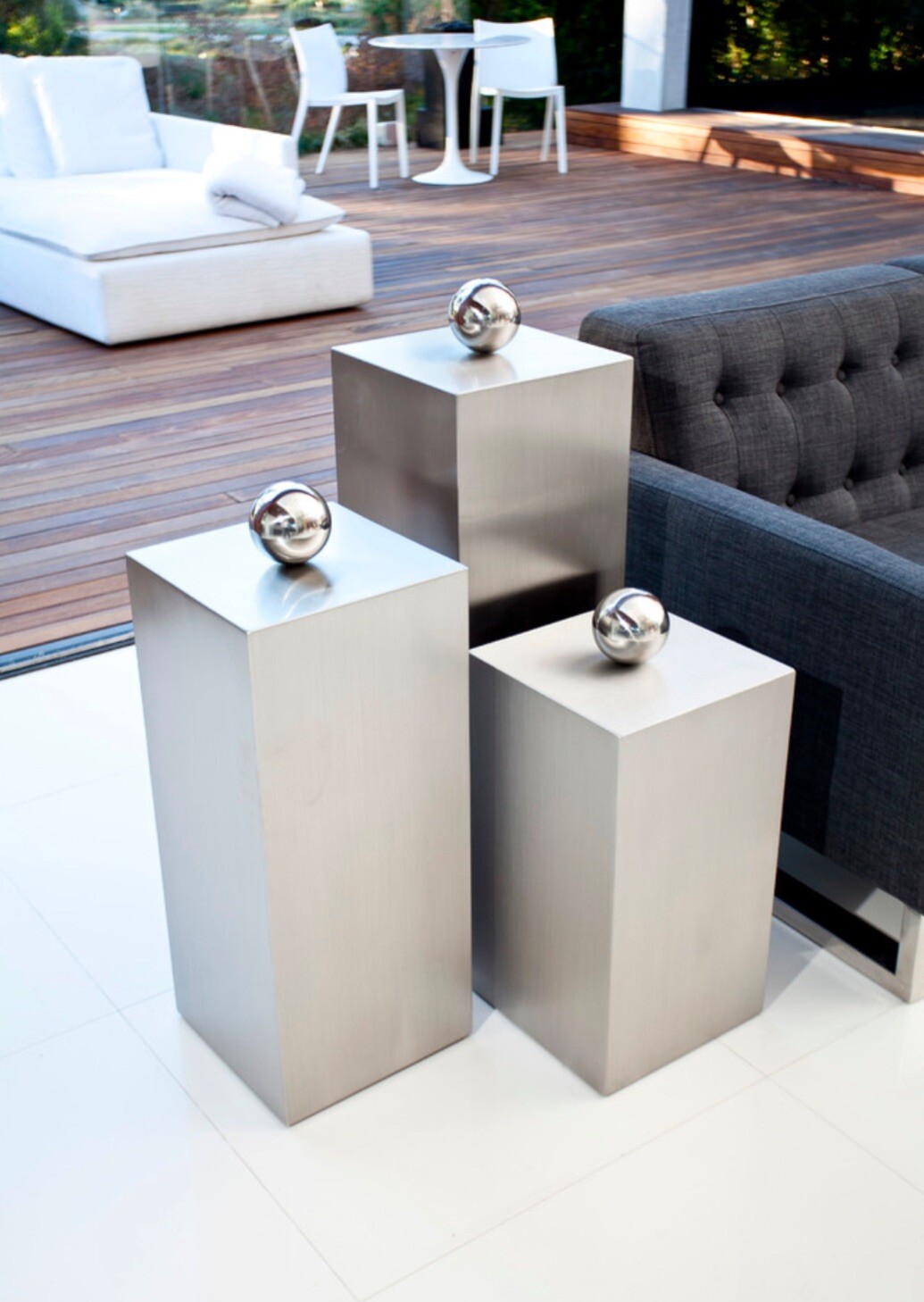 3-Piece Ibiza Pedestals Set, Brushed Metal Stainless Contemporary Decor Art
