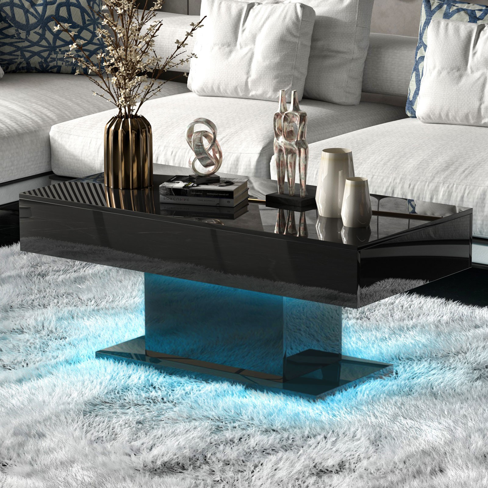 High Glossy Led Coffee Table Living Room Table Rectangular Center Table Black