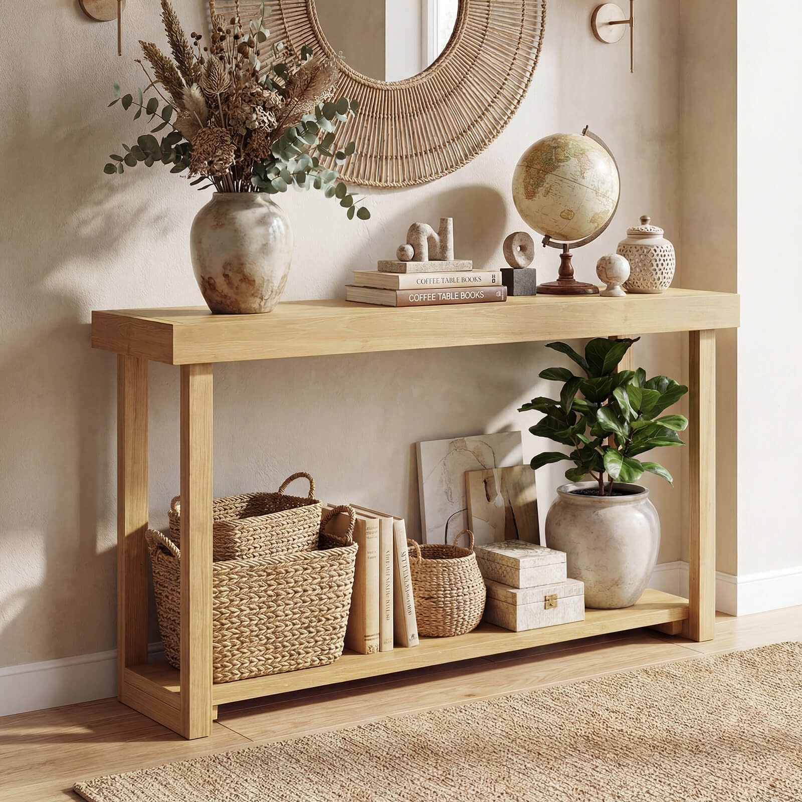 46”Solid Wood Console Table,2-Tier Narrow Farmhouse Sofa Table w/Teak Wood Frame