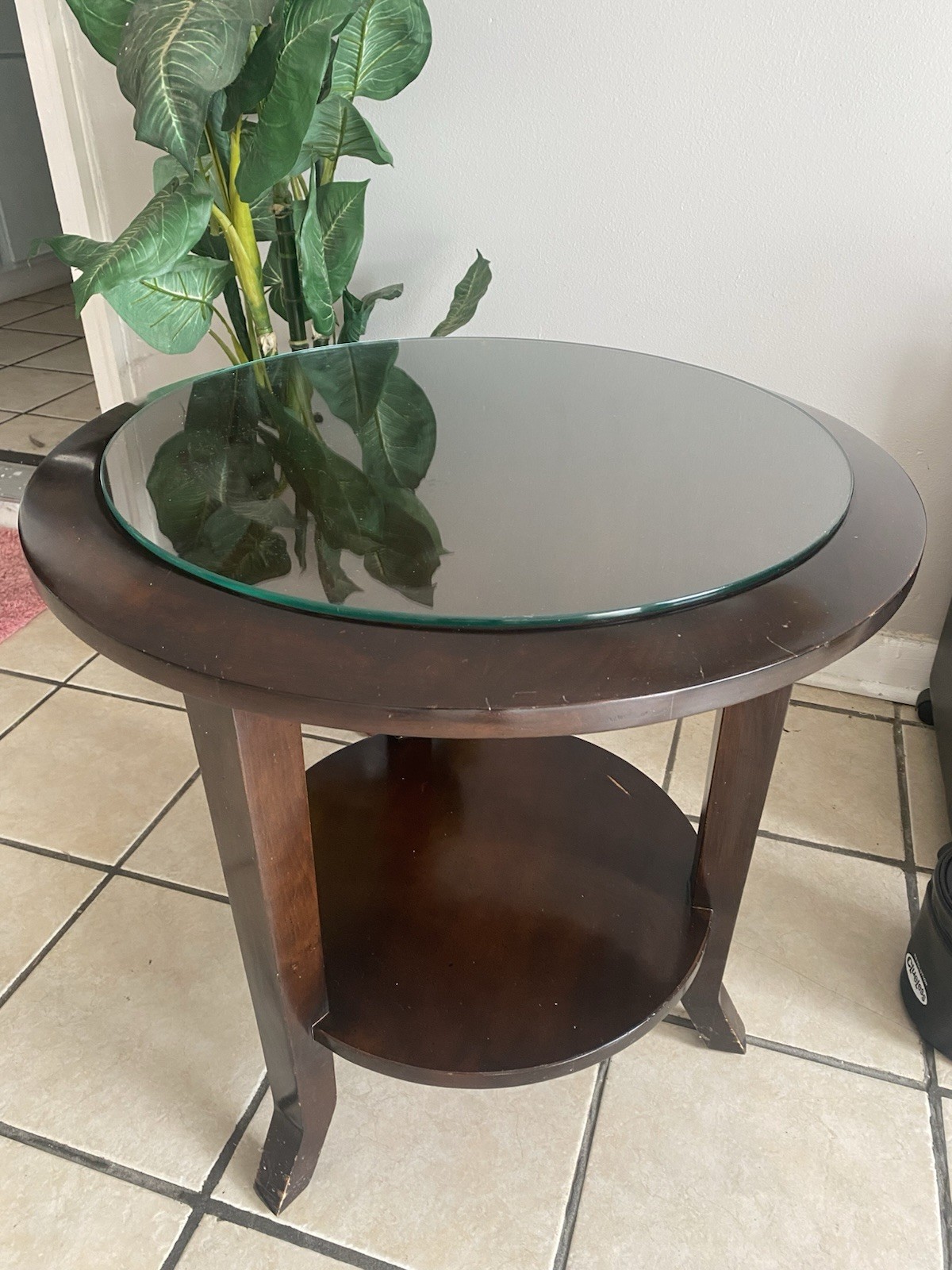 Round Glass Top Side Table, Dark Wood Base, Brown Glossy Finish, Living Room