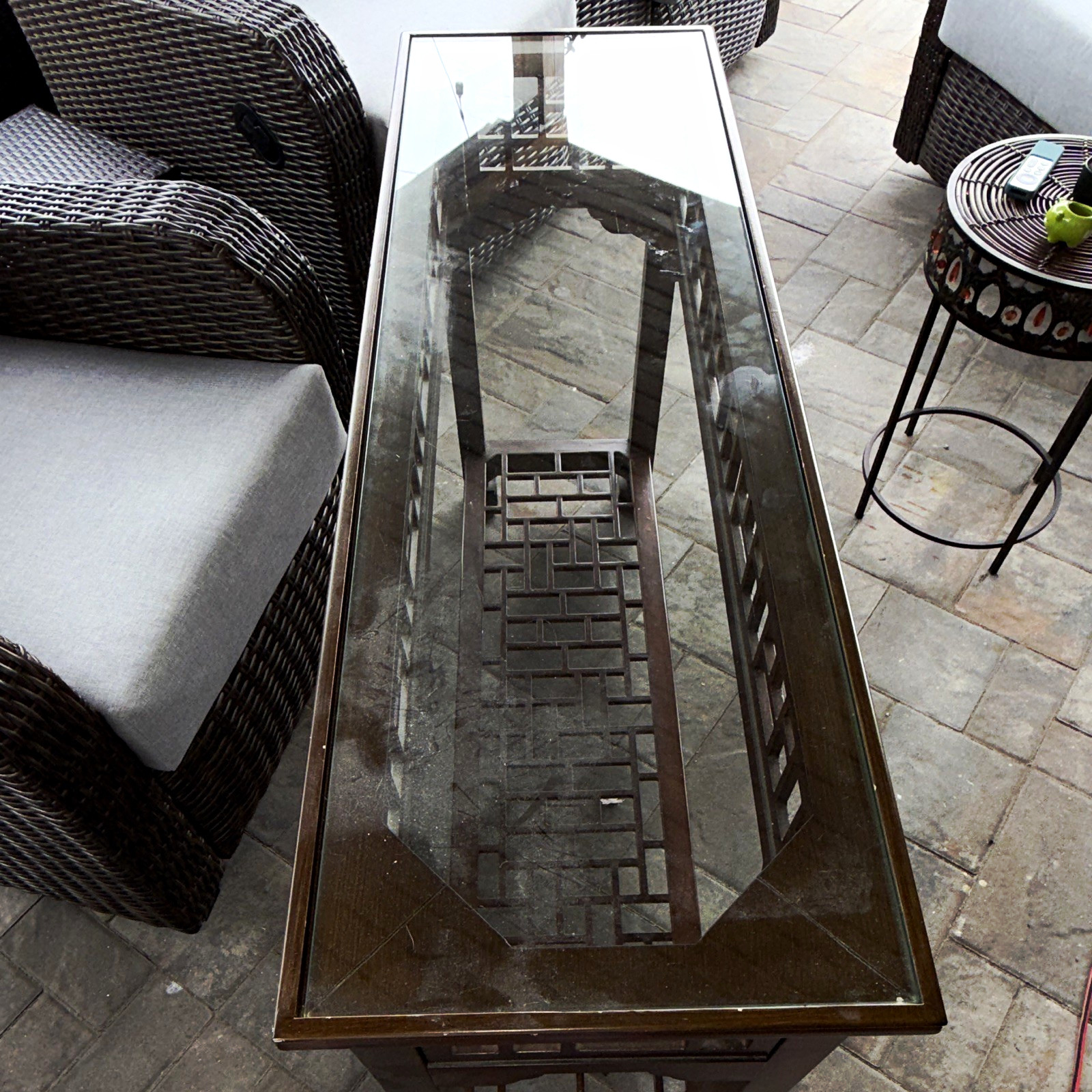 Dark Brown Wood Rectangular Console Table, Glass Top, Lower Shelf
