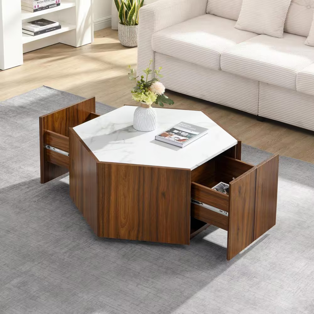 Judson Retro 31.5 In. Walnut and White Hexagon Faux Marble MDF Top Coffee Table