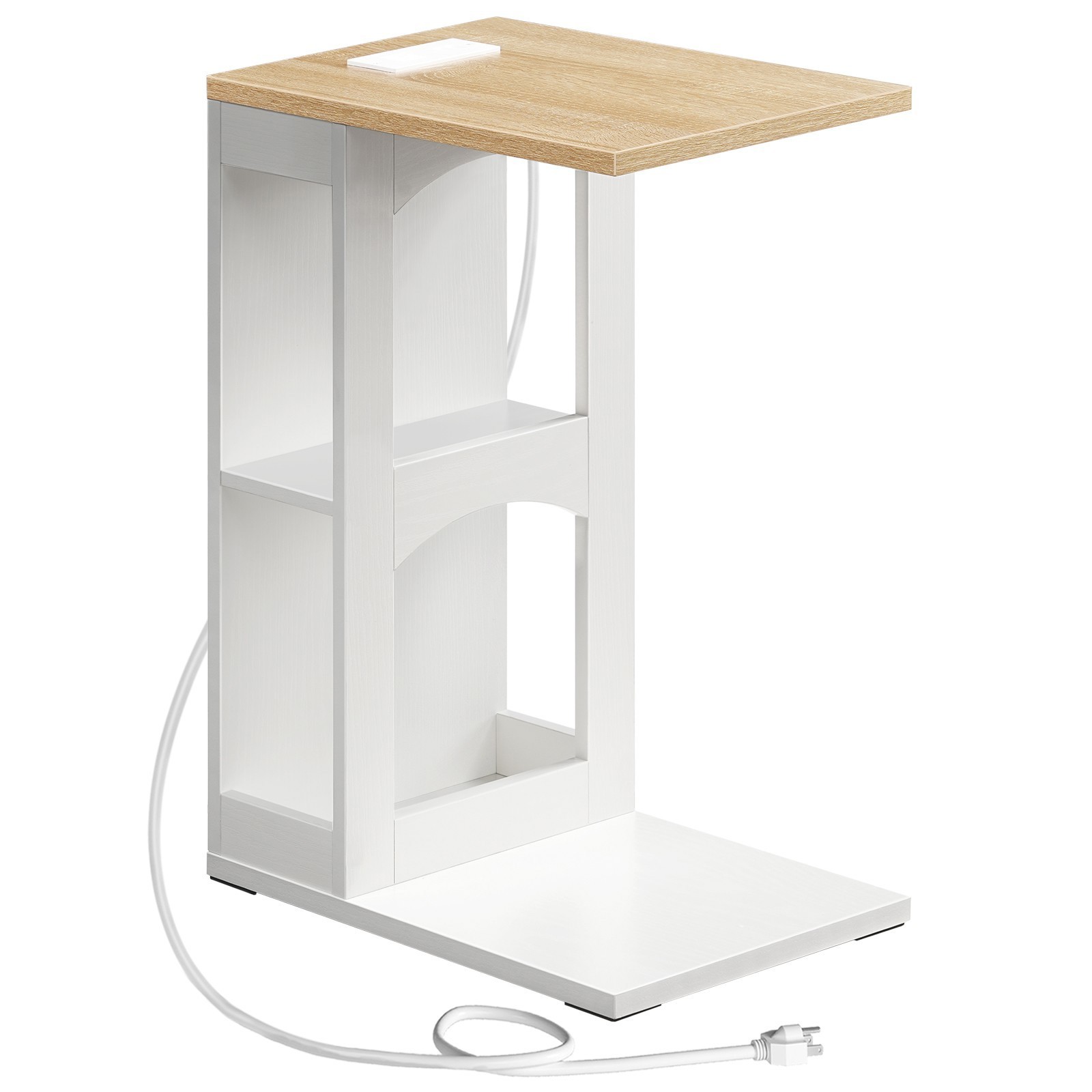 C-Shaped End Table w/ Charging Station Side Table Bedside Table White Natural