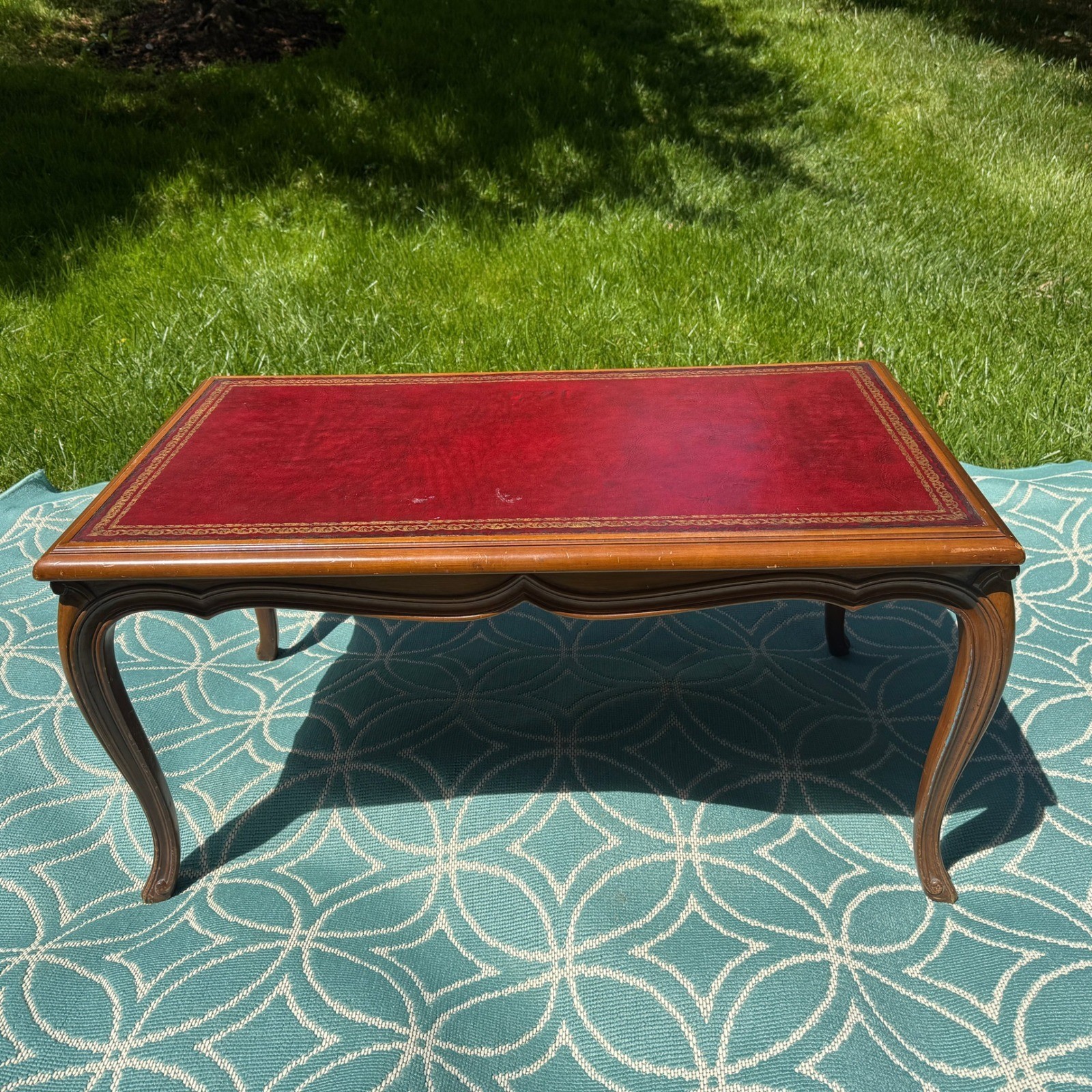 Vintage French Provincial Coffee Table Red Leather Gold Embossed Inset Wood
