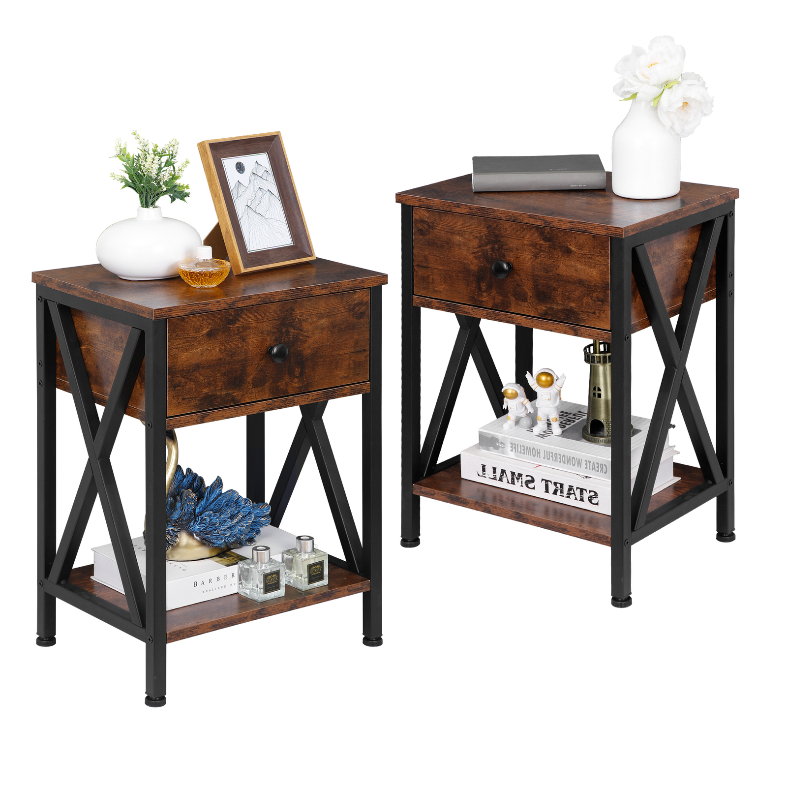 2 Pieces Home End Table Storage Display Metal Frame MDF Top with Drawer, Brown