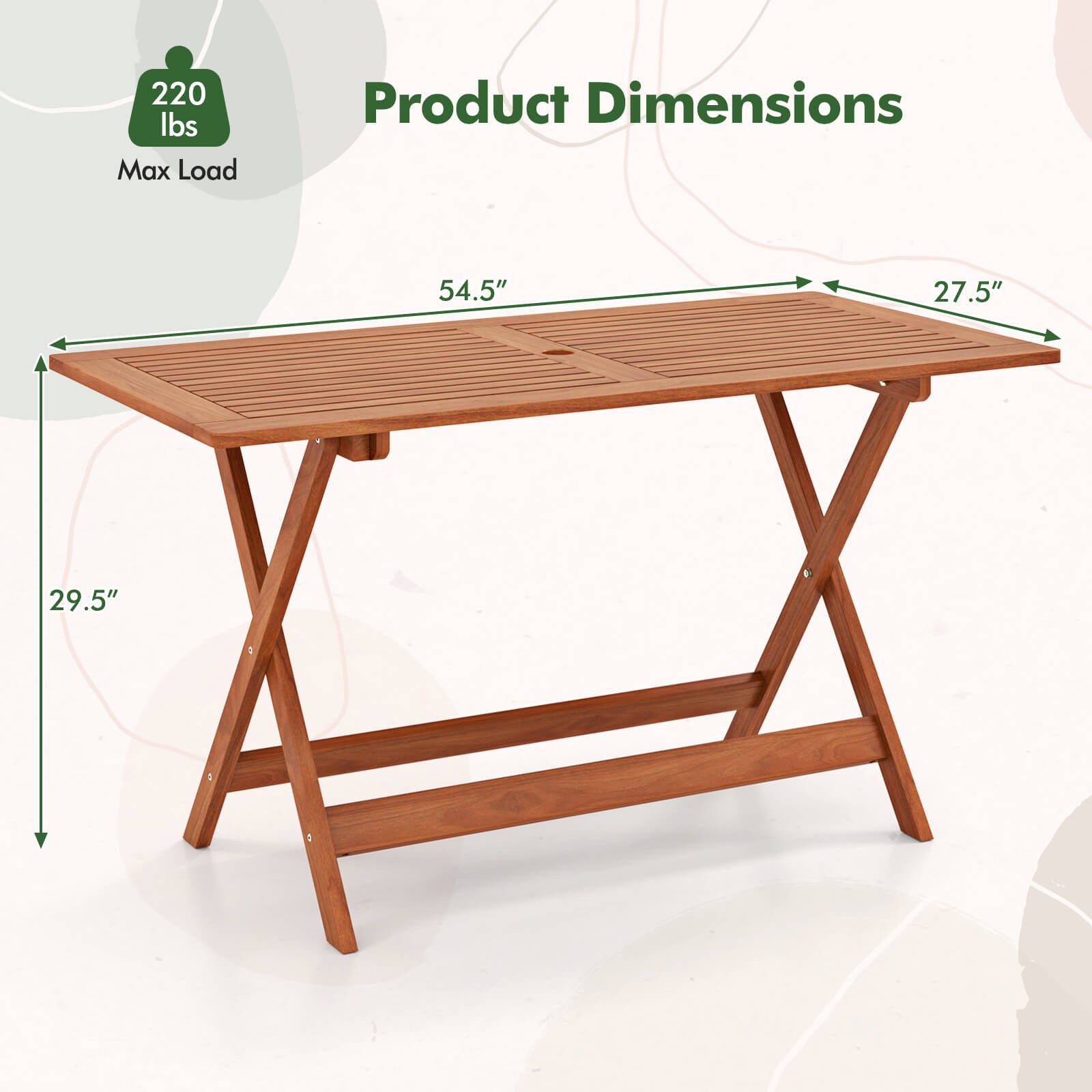 54.5″ x 27.5″ Patio Dining Table w/ Teak Painting 2″ Umbrella Hole for Balcony