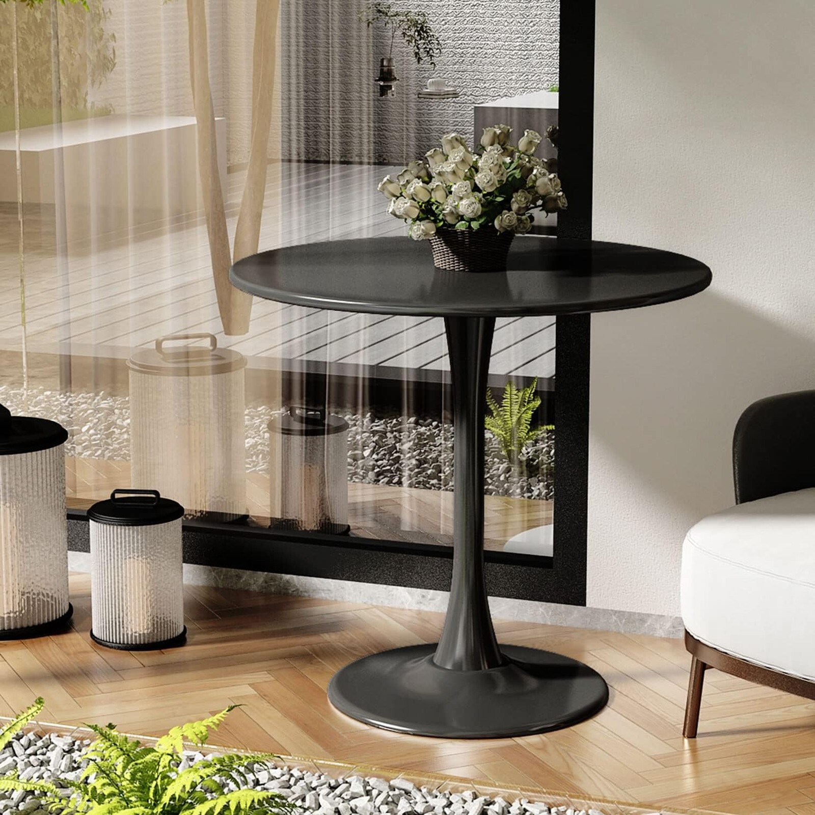 Round Tulip Dining Table 31.5” Kitchen Table w/ MDF Top & Metal Pedestal Base