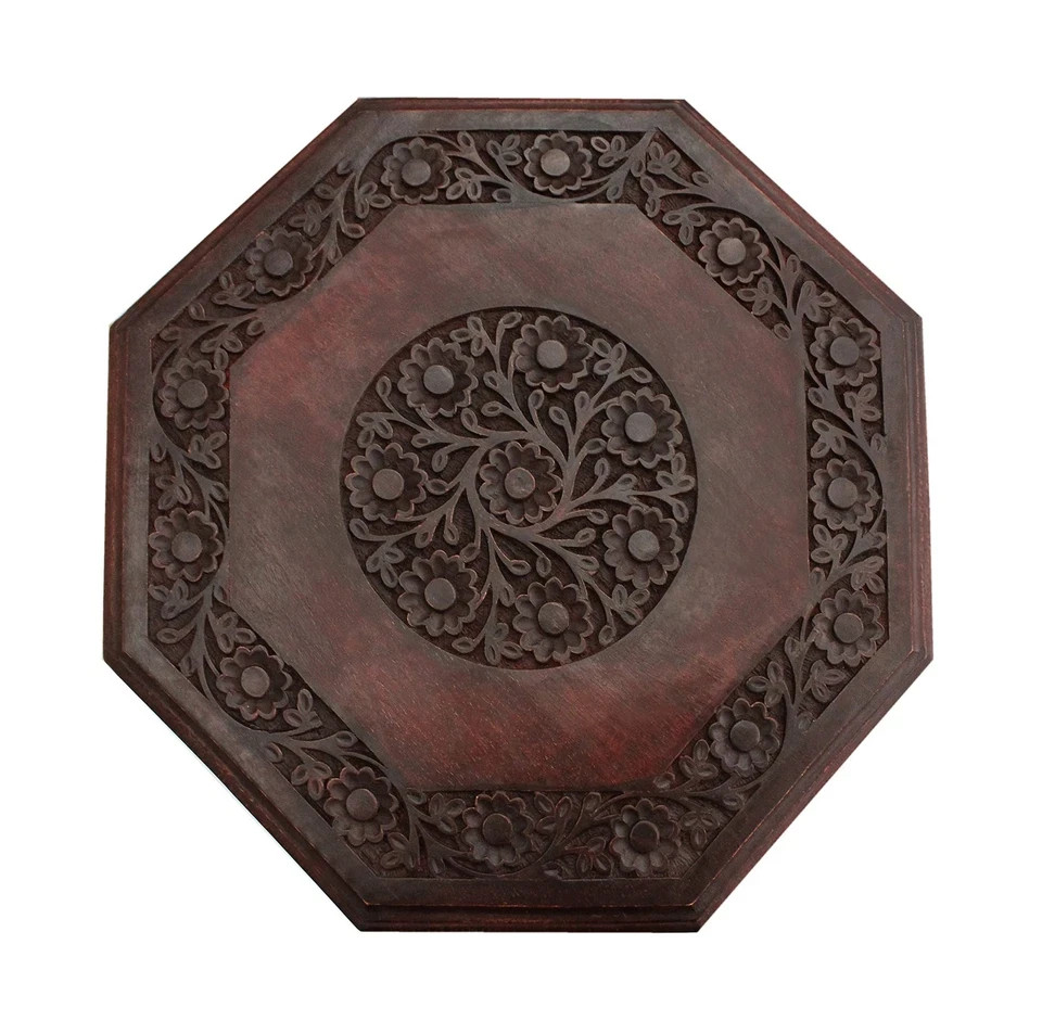 Accent End Table Solid Wood Hand Carved Folding 18×18 Brown Vintage Boho