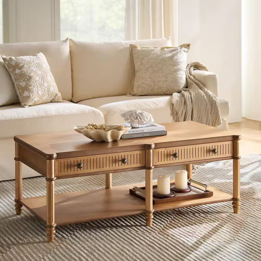 Roland 47 In. Teak Rectangular Wood Coffee Table with Solid Wood Drawers