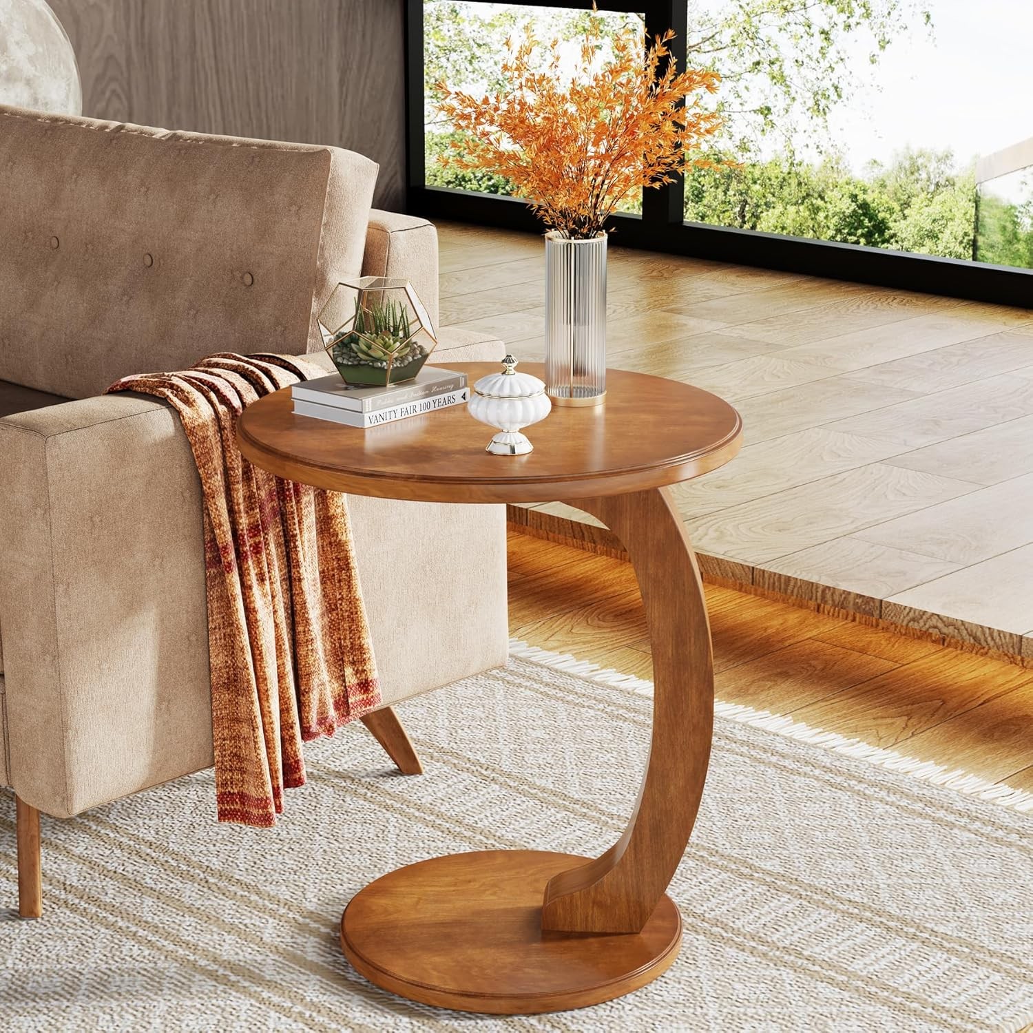 C-Shaped End Table, Wooden Round Side Sofa Table, Mid-Century Modern End Table
