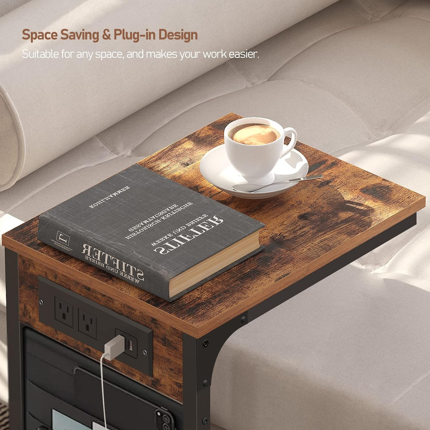 Brown C-Shaped End Table with Charging Station, 2 USB Ports and Storage for Home