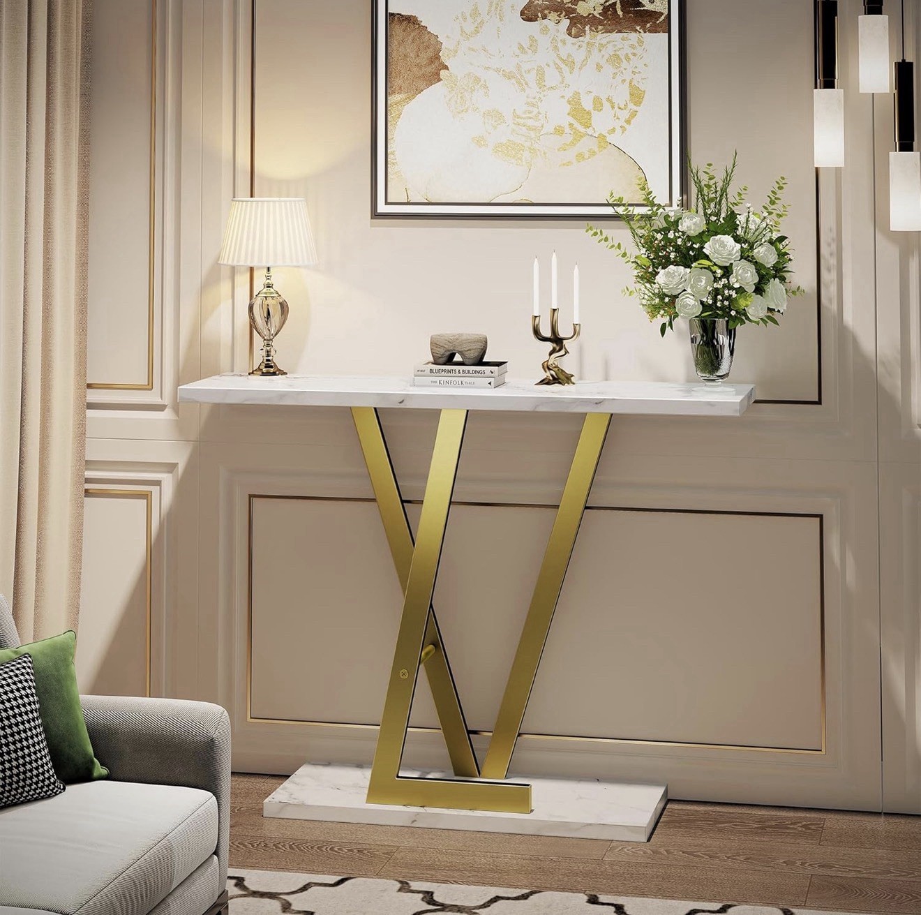 Modern Gold Metal Console Table with White Stone Top
