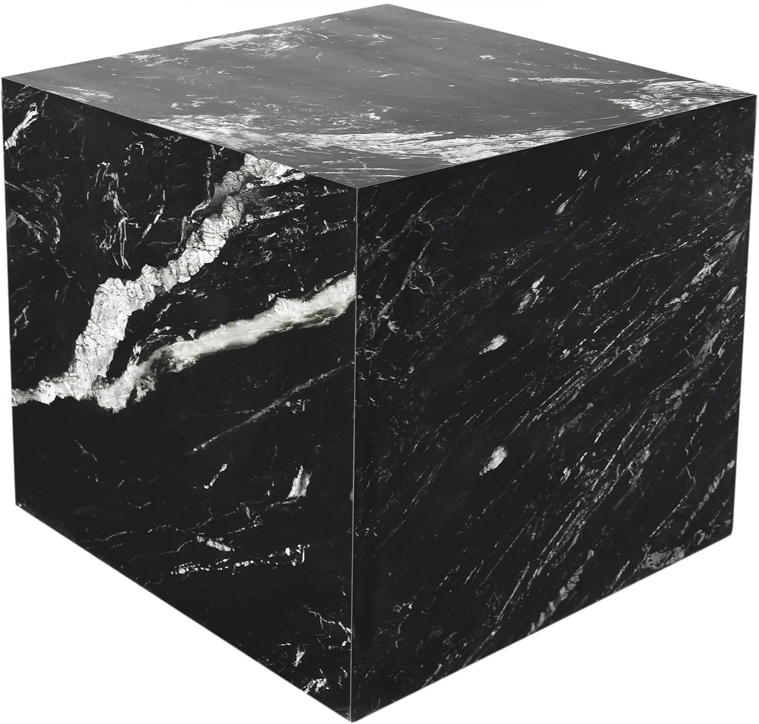 Art Deco Black Marble End Table with White Veining – 18″ W x 18″ D x 18″ H
