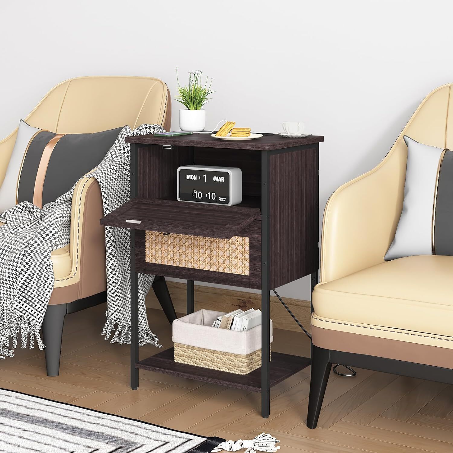 End Table with Charging Station, 2 Tier Rattan Decorated Cherry Red