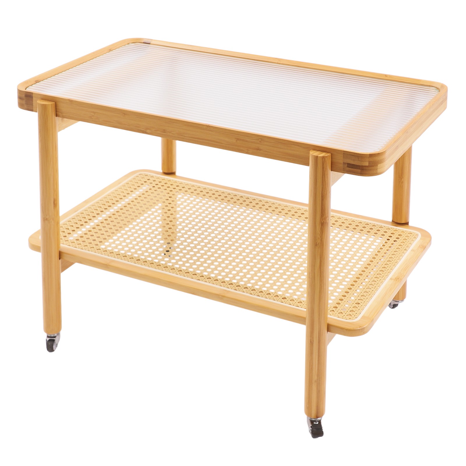 Side Table Nature Rattan Glass End Table 2-Tier with Storage Bamboo Table