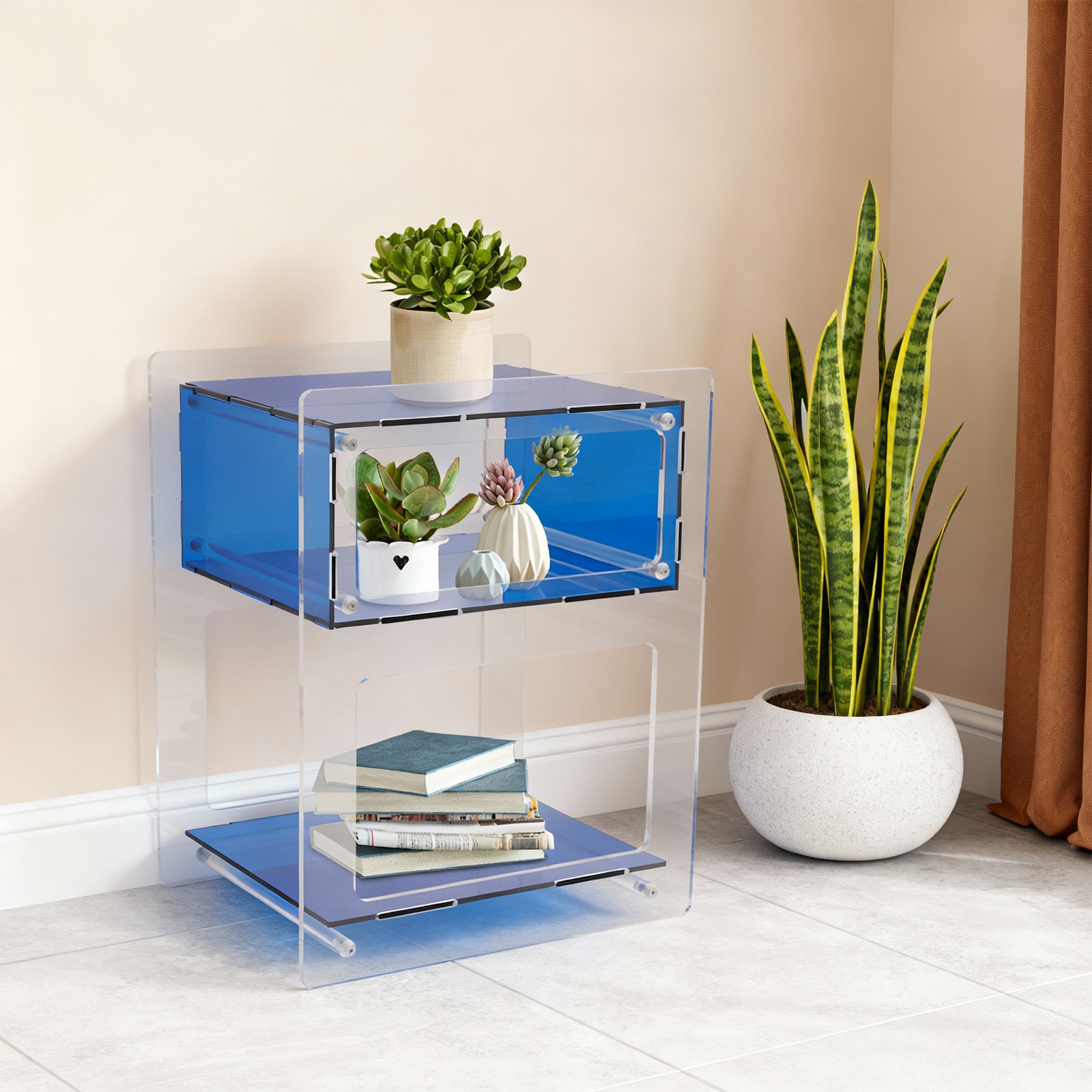 Modern Design Blue Acrylic Decorative End Table- Home Decor Display Nightstand